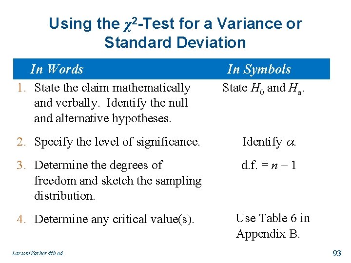 Using the χ2 -Test for a Variance or Standard Deviation In Words 1. State