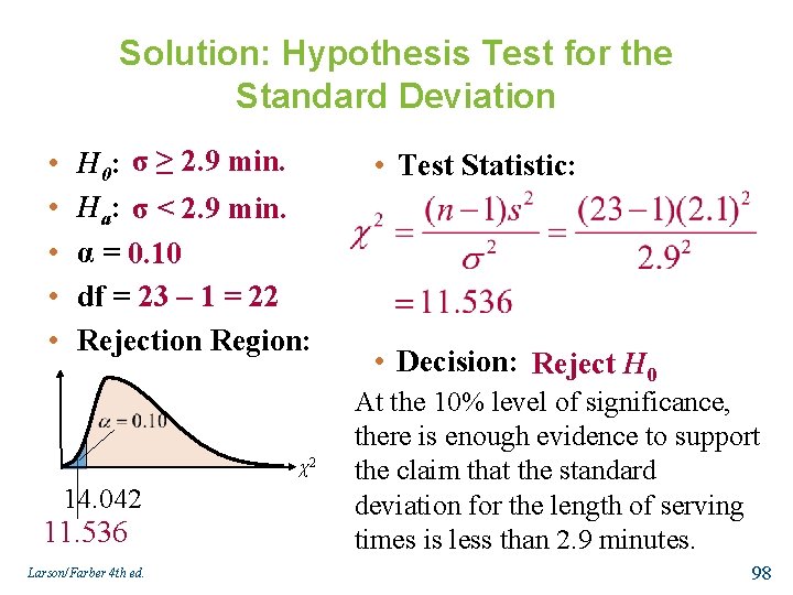 Solution: Hypothesis Test for the Standard Deviation • • • H 0: σ ≥