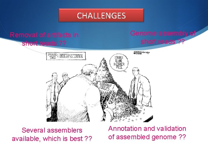 CHALLENGES Removal of artifacts in short reads ? ? Several assemblers available, which is