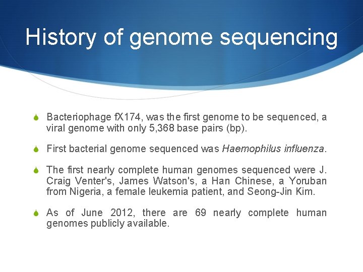 History of genome sequencing S Bacteriophage f. X 174, was the first genome to