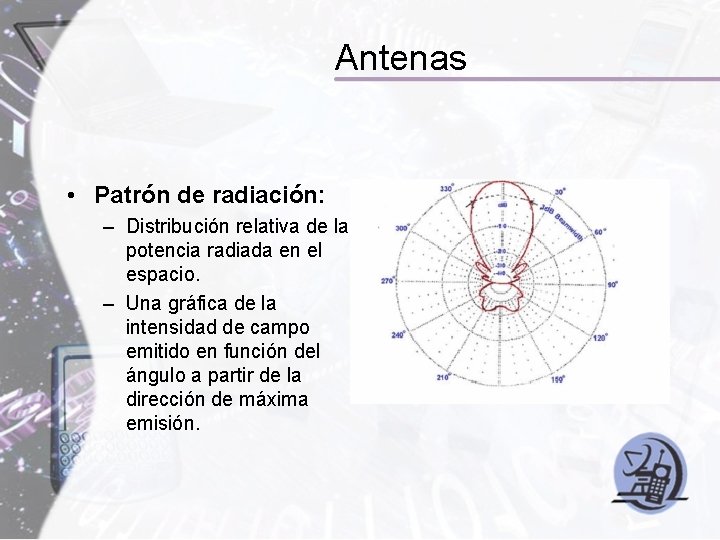 Antenas • Patrón de radiación: – Distribución relativa de la potencia radiada en el