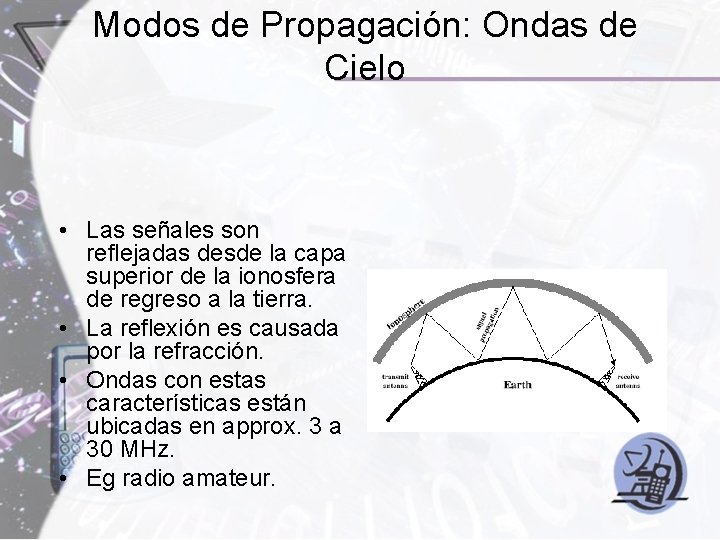 Modos de Propagación: Ondas de Cielo • Las señales son reflejadas desde la capa