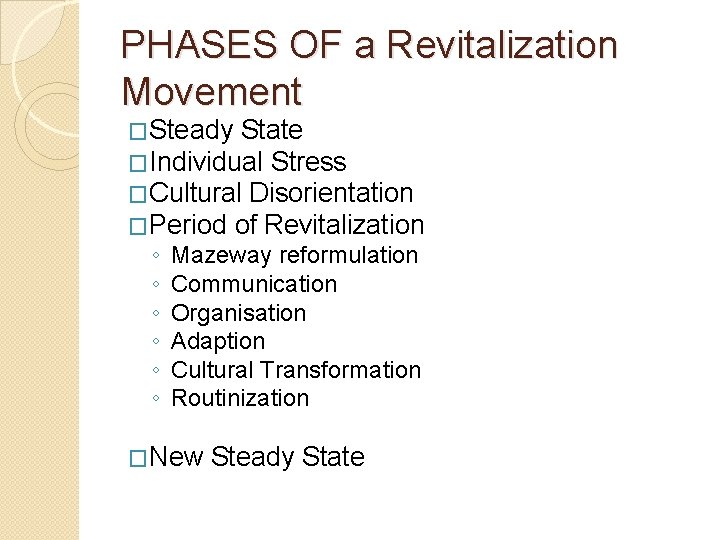 PHASES OF a Revitalization Movement �Steady State �Individual Stress �Cultural Disorientation �Period of Revitalization