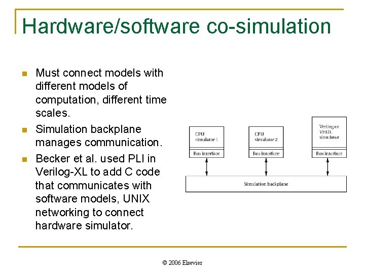 Hardware/software co-simulation n Must connect models with different models of computation, different time scales.