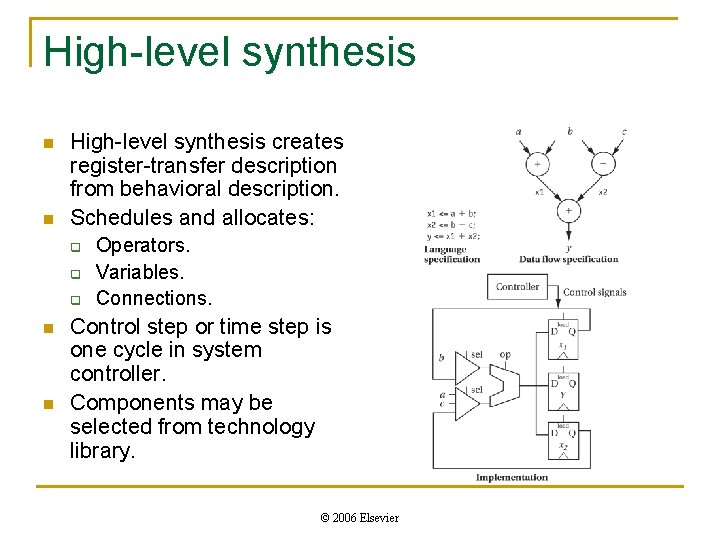 High-level synthesis n n High-level synthesis creates register-transfer description from behavioral description. Schedules and