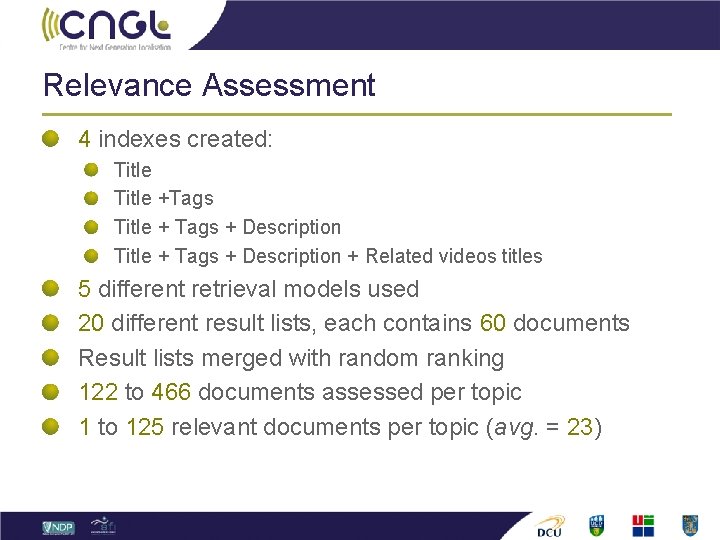 Relevance Assessment 4 indexes created: Title +Tags Title + Tags + Description + Related