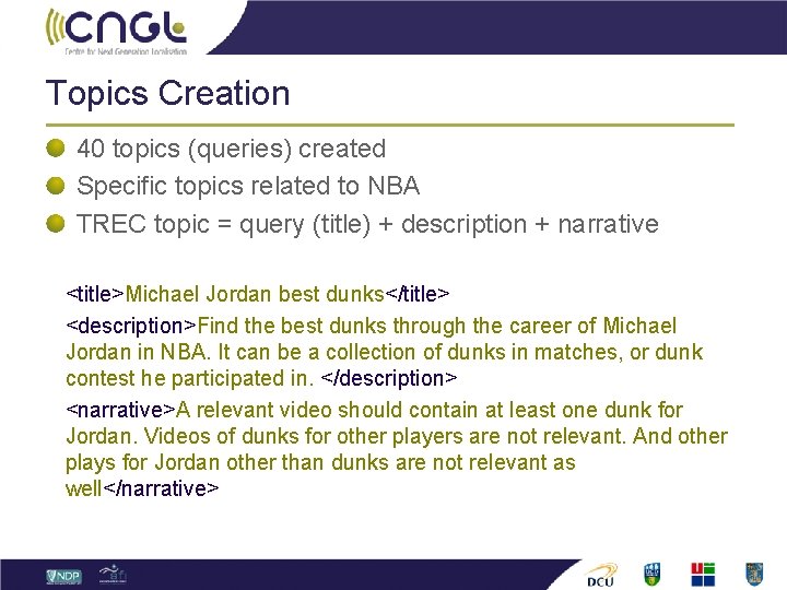 Topics Creation 40 topics (queries) created Specific topics related to NBA TREC topic =