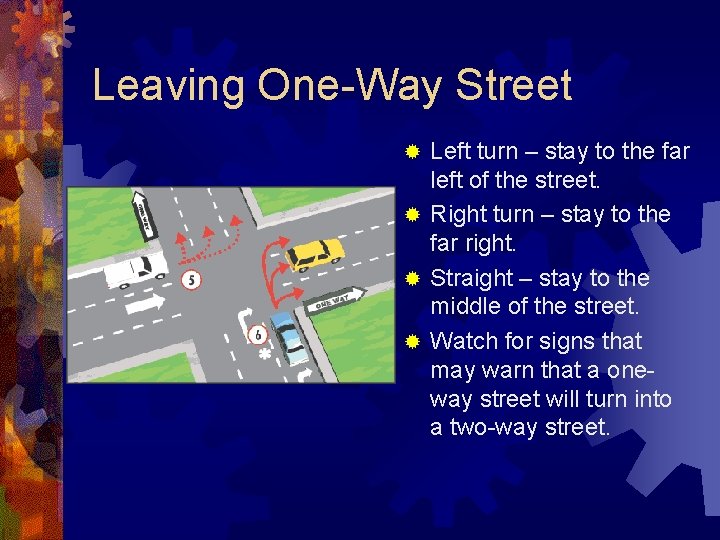 Leaving One-Way Street Left turn – stay to the far left of the street.