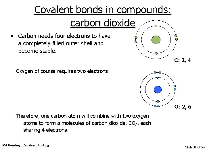 Covalent bonds in compounds: carbon dioxide • Carbon needs four electrons to have a