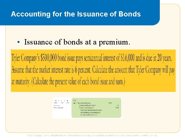 Accounting for the Issuance of Bonds • Issuance of bonds at a premium. 