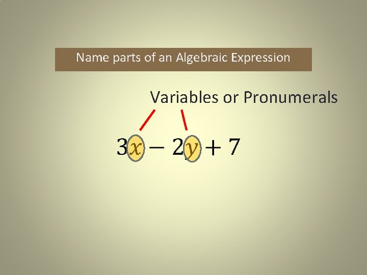 Name parts of an Algebraic Expression Variables or Pronumerals 
