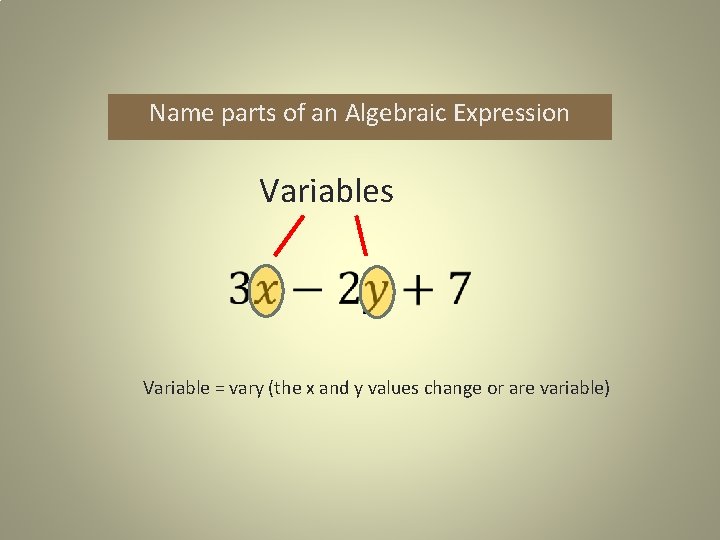 Name parts of an Algebraic Expression Variables Variable = vary (the x and y