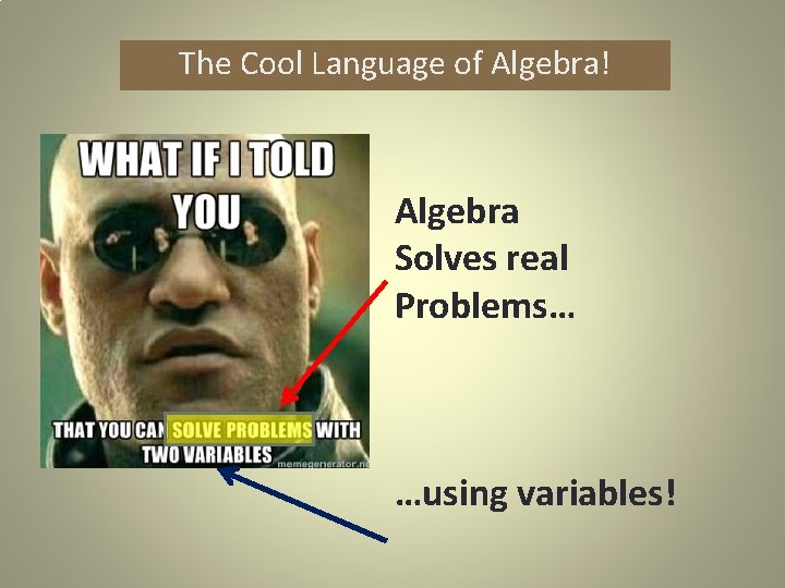 The Cool Language of Algebra! Algebra Solves real Problems… …using variables! 