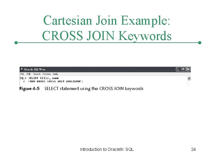 Cartesian Join Example: CROSS JOIN Keywords Introduction to Oracle 9 i: SQL 24 Cartesian Join Example: CROSS JOIN Keywords Introduction to Oracle 9 i: SQL 24