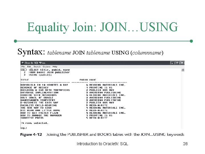Equality Join: JOIN…USING Syntax: tablename JOIN tablename USING (columnname) Introduction to Oracle 9 i: Equality Join: JOIN…USING Syntax: tablename JOIN tablename USING (columnname) Introduction to Oracle 9 i:
