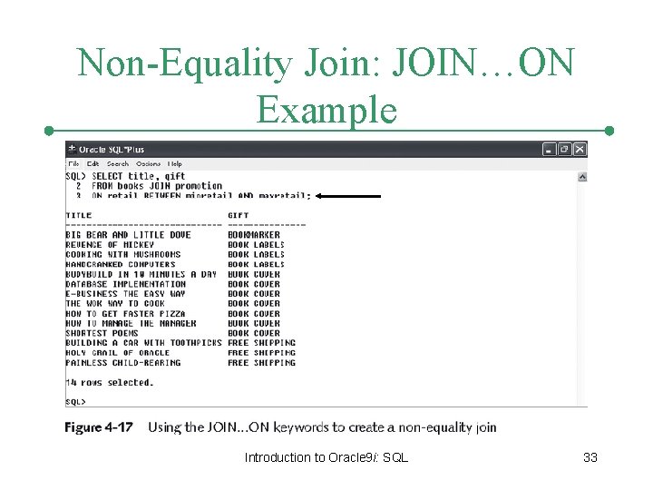 Non-Equality Join: JOIN…ON Example Introduction to Oracle 9 i: SQL 33 Non-Equality Join: JOIN…ON Example Introduction to Oracle 9 i: SQL 33