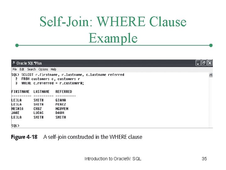 Self-Join: WHERE Clause Example Introduction to Oracle 9 i: SQL 35 Self-Join: WHERE Clause Example Introduction to Oracle 9 i: SQL 35