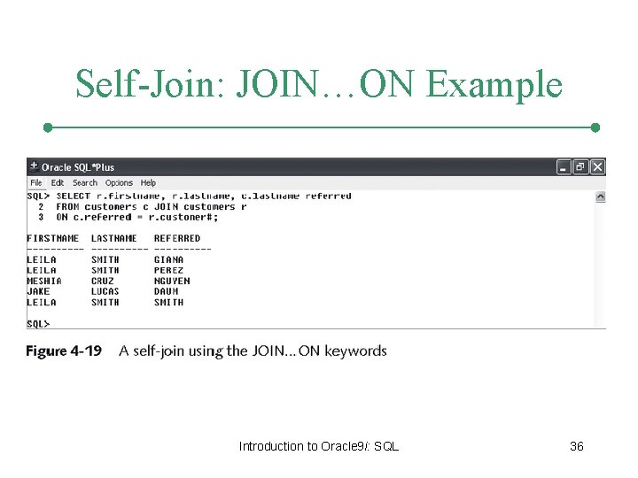 Self-Join: JOIN…ON Example Introduction to Oracle 9 i: SQL 36 Self-Join: JOIN…ON Example Introduction to Oracle 9 i: SQL 36