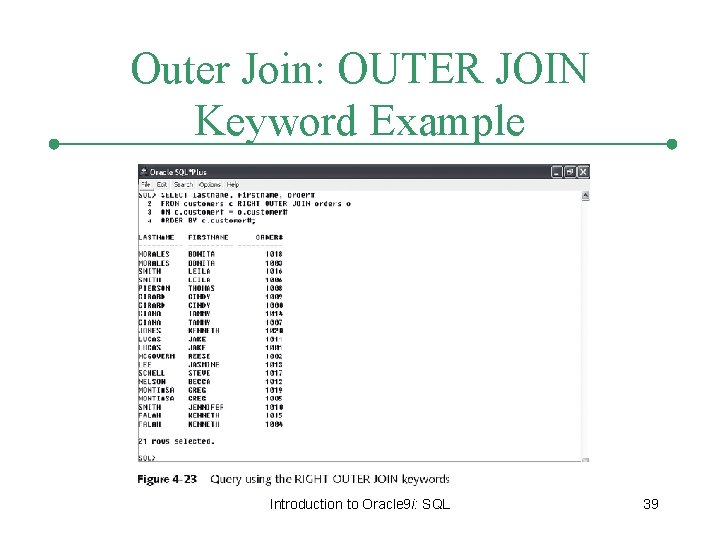 Outer Join: OUTER JOIN Keyword Example Introduction to Oracle 9 i: SQL 39 Outer Join: OUTER JOIN Keyword Example Introduction to Oracle 9 i: SQL 39