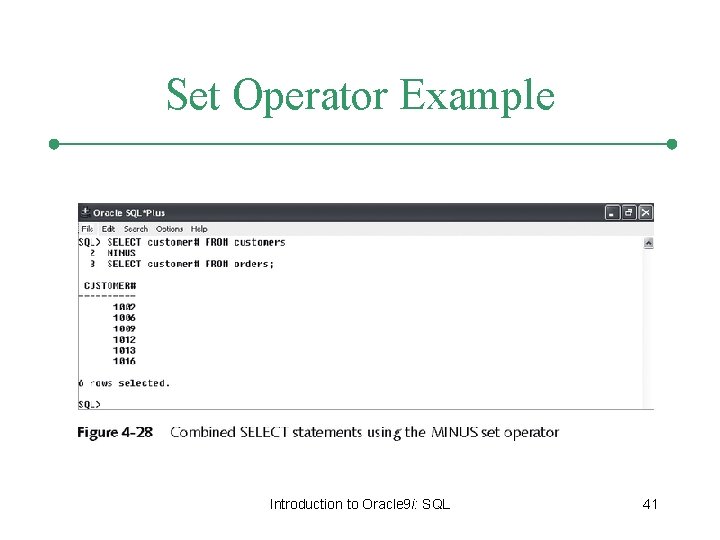 Set Operator Example Introduction to Oracle 9 i: SQL 41 Set Operator Example Introduction to Oracle 9 i: SQL 41