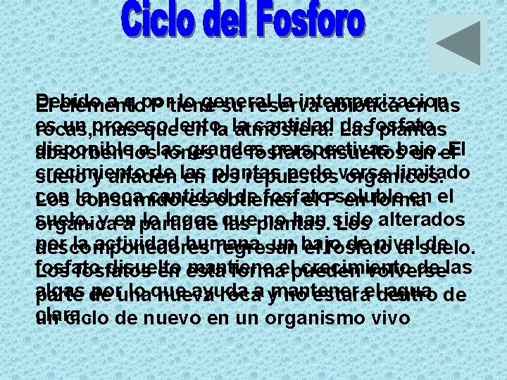 Debido a q por lo general la intemperizacion El elemento P tiene su reserva