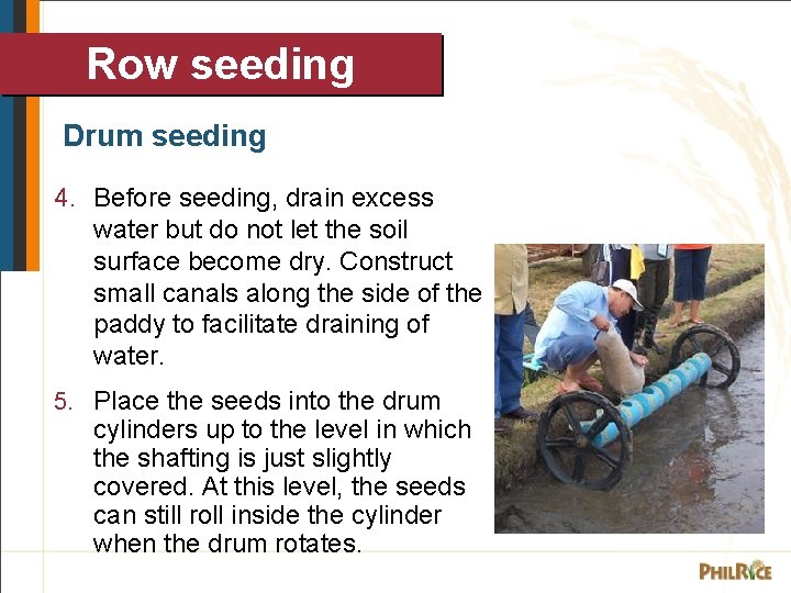 Row seeding Drum seeding 4. Before seeding, drain excess water but do not let