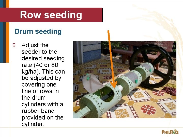 Row seeding Drum seeding 6. Adjust the seeder to the desired seeding rate (40