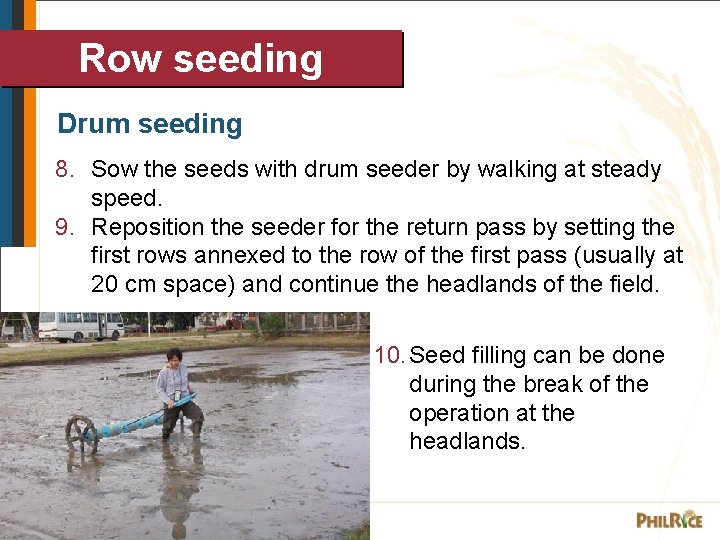 Row seeding Drum seeding 8. Sow the seeds with drum seeder by walking at