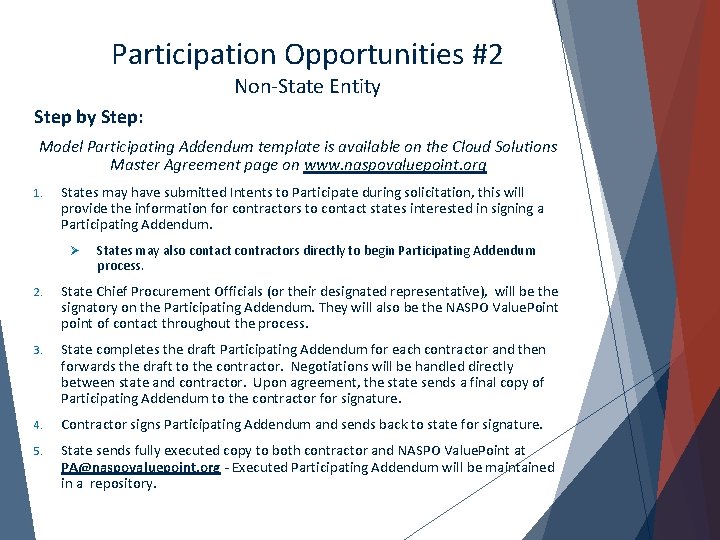 Participation Opportunities #2 Non-State Entity Step by Step: Model Participating Addendum template is available