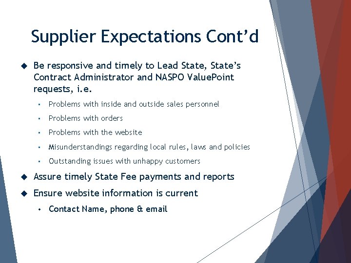 Supplier Expectations Cont’d Be responsive and timely to Lead State, State’s Contract Administrator and