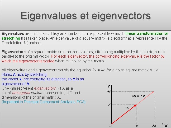 Eigenvalues et eigenvectors Eigenvalues are multipliers. They are numbers that represent how much linear