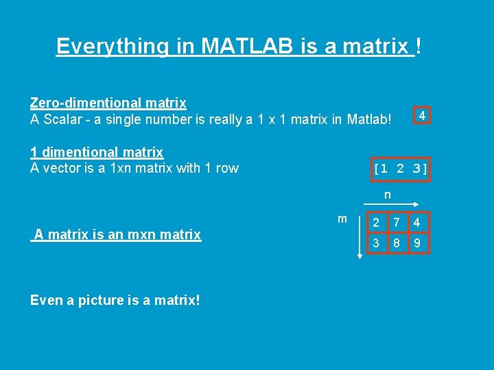 Everything in MATLAB is a matrix ! Zero-dimentional matrix A Scalar - a single