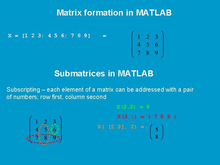 Matrix formation in MATLAB X = [1 2 3; 4 5 6; 7 8