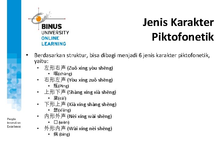 Jenis Karakter Piktofonetik • Berdasarkan struktur, bisa dibagi menjadi 6 jenis karakter piktofonetik, yaitu: