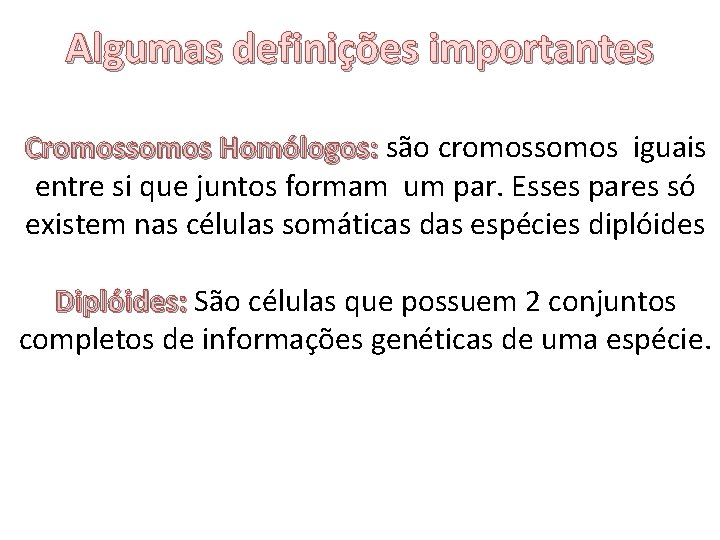 Algumas definições importantes Cromossomos Homólogos: são cromossomos iguais entre si que juntos formam um