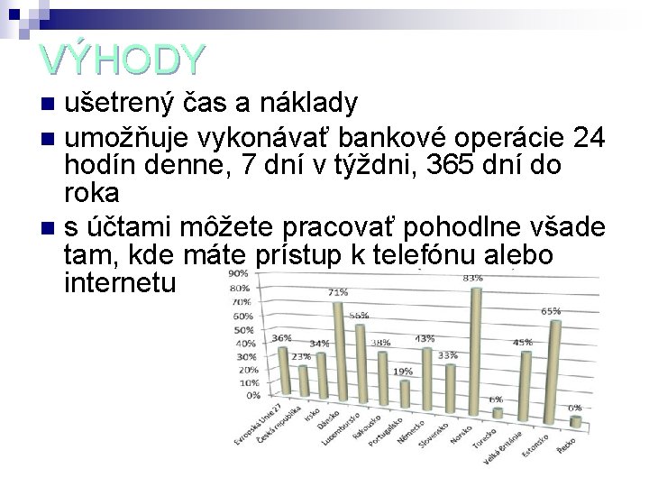VÝHODY ušetrený čas a náklady n umožňuje vykonávať bankové operácie 24 hodín denne, 7