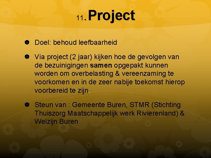 . Project 11 Doel: behoud leefbaarheid Via project (2 jaar) kijken hoe de gevolgen