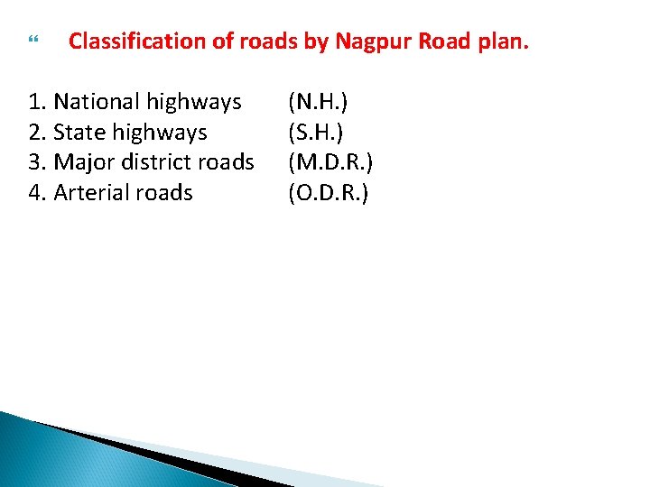  Classification of roads by Nagpur Road plan. 1. National highways 2. State highways