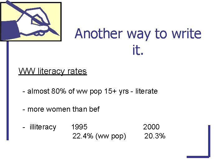 Another way to write it. WW literacy rates - almost 80% of ww pop