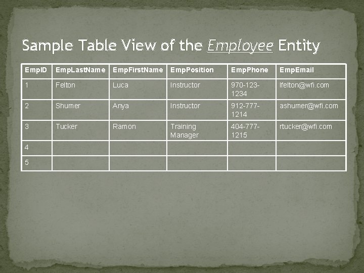 Sample Table View of the Employee Entity Emp. ID Emp. Last. Name Emp. First.