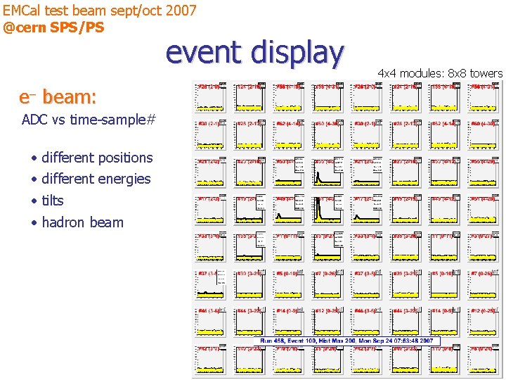 EMCal test beam sept/oct 2007 @cern SPS/PS event display e- beam: ADC vs time-sample#