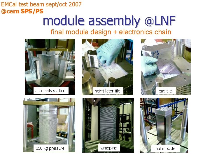 EMCal test beam sept/oct 2007 @cern SPS/PS module assembly @LNF final module design +