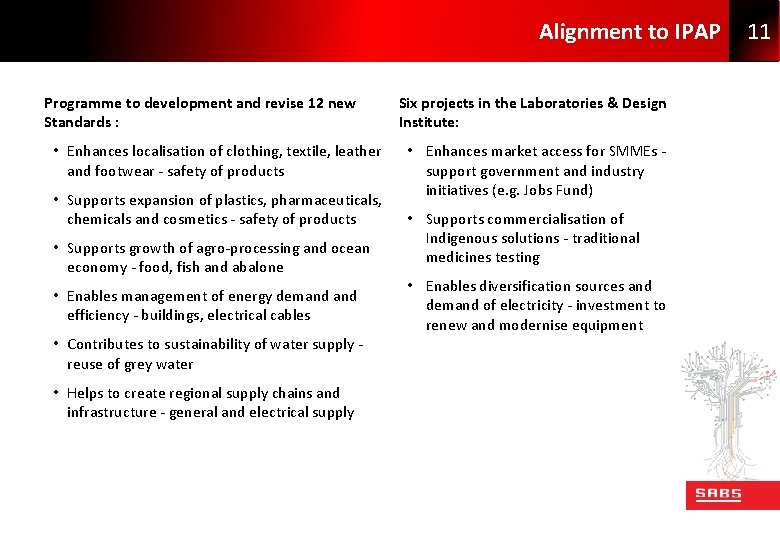 Alignment to IPAP Programme to development and revise 12 new Standards : • Enhances