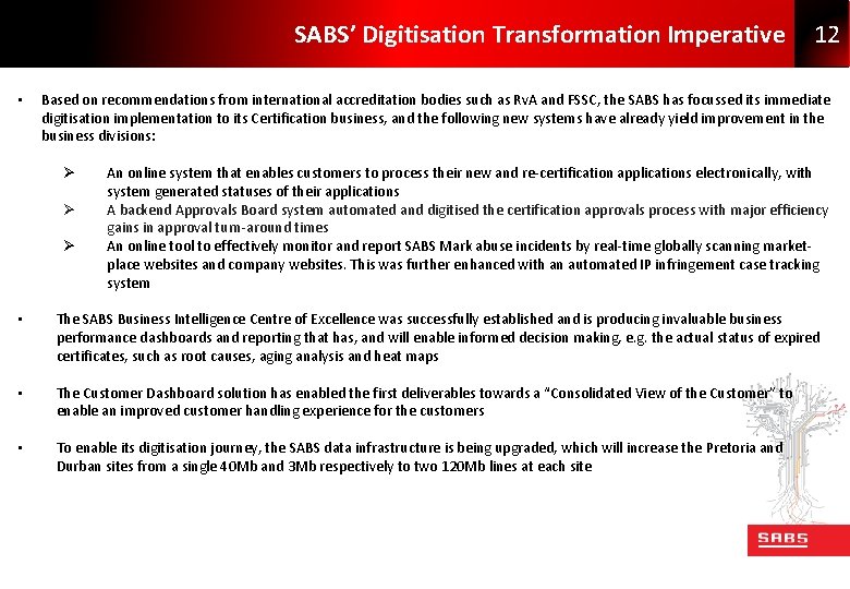 SABS’ Digitisation Transformation Imperative • 12 Based on recommendations from international accreditation bodies such
