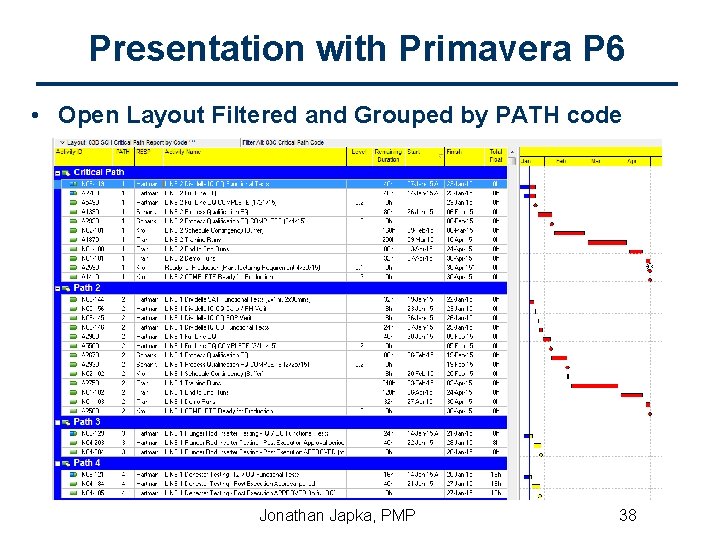 Presentation with Primavera P 6 • Open Layout Filtered and Grouped by PATH code