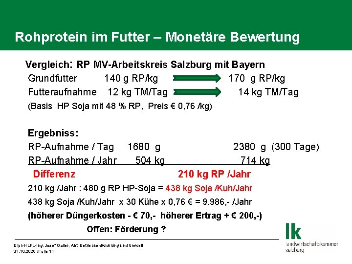 Rohprotein im Futter – Monetäre Bewertung Vergleich: RP MV-Arbeitskreis Salzburg mit Bayern Grundfutter 140