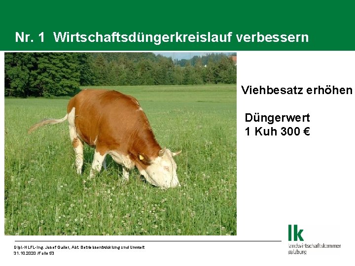 Nr. 1 Wirtschaftsdüngerkreislauf verbessern Viehbesatz erhöhen Düngerwert 1 Kuh 300 € Dipl. -HLFL-Ing. Josef