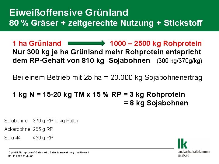 Eiweißoffensive Grünland 80 % Gräser + zeitgerechte Nutzung + Stickstoff 1 ha Grünland 1000