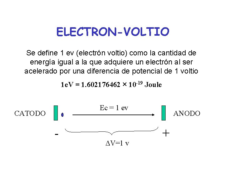 ELECTRON-VOLTIO Se define 1 ev (electrón voltio) como la cantidad de energía igual a