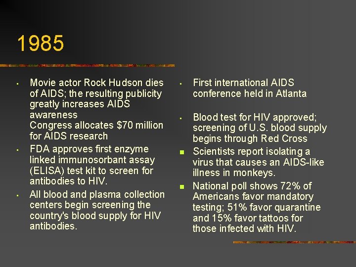 1985 • • • Movie actor Rock Hudson dies of AIDS; the resulting publicity